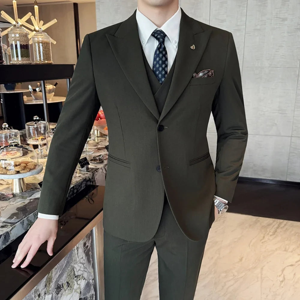 Men's 3 Piece Slim Fit Business Suit Groom Tuxedo With Double Breasted Blazer Vest And Pants For Wedding Party