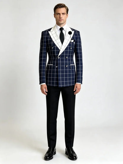 Men's Contrast Double Breasted Business Blazer Check Peak Lapel Slim Fit Suit Jacket Wedding Fashion Party Formal Outerwear