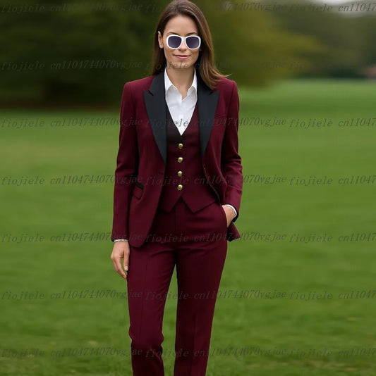 Burgundy Black Formal Business Women Suit Wedding Party Prom Ladies Mother Girl Tuxedos Costume 3 Piece Set Blazer Vest Pants