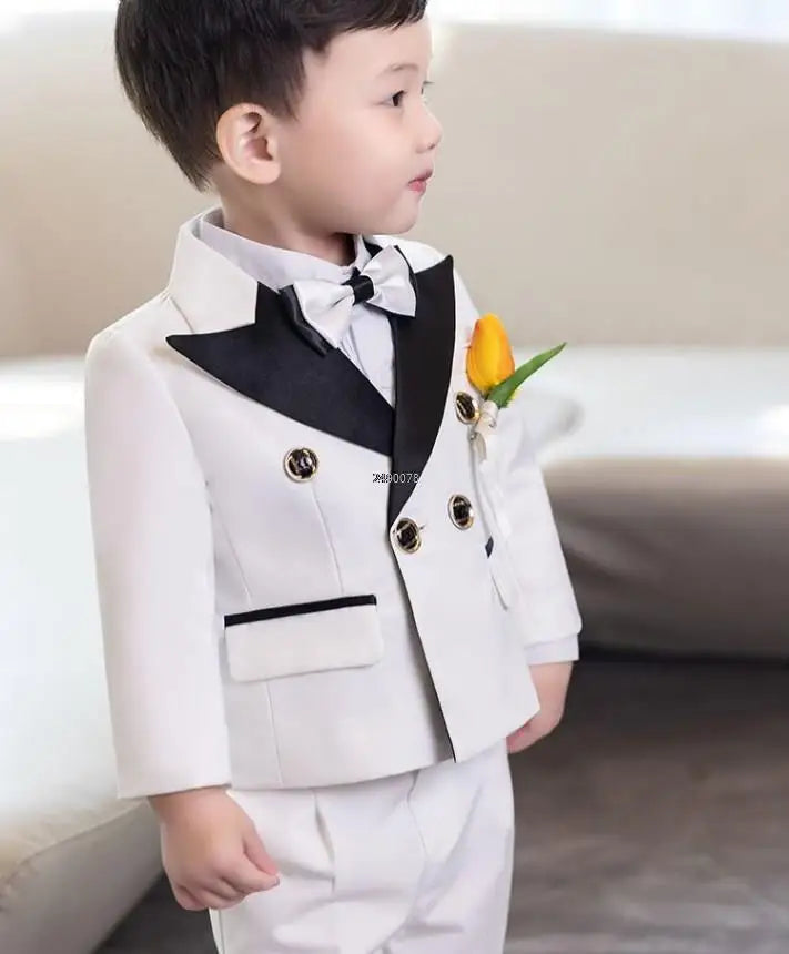 Children White Wedding Suit Prince Kids Jacket Pants Photograph Suit Flower Boys Tuxedo Dress Baby 1 Year Birthday Dress Costume