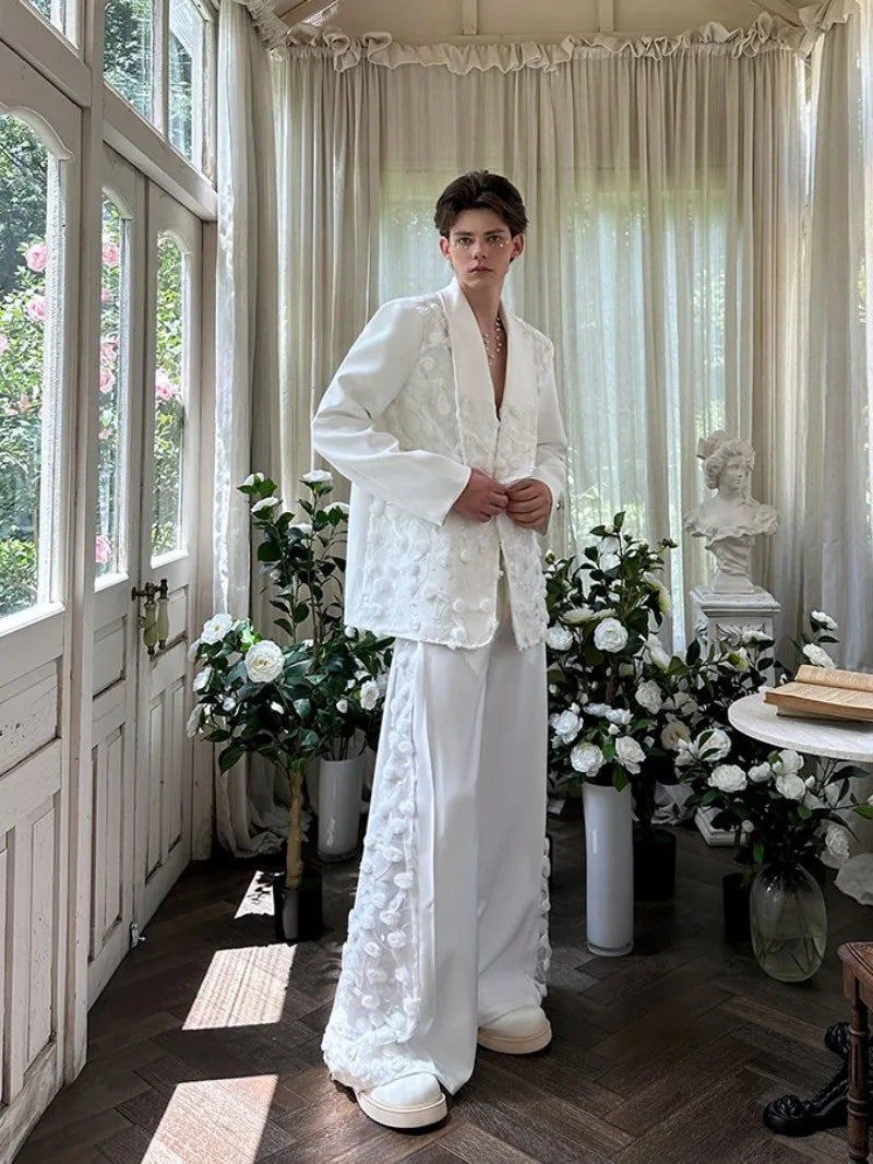 Mens Spliced Flowers Suit Jacket Wide Leg Pants Two Piece Set Loose Fit Spring Summer Designer Elegant Fashion Banquet Suits Set