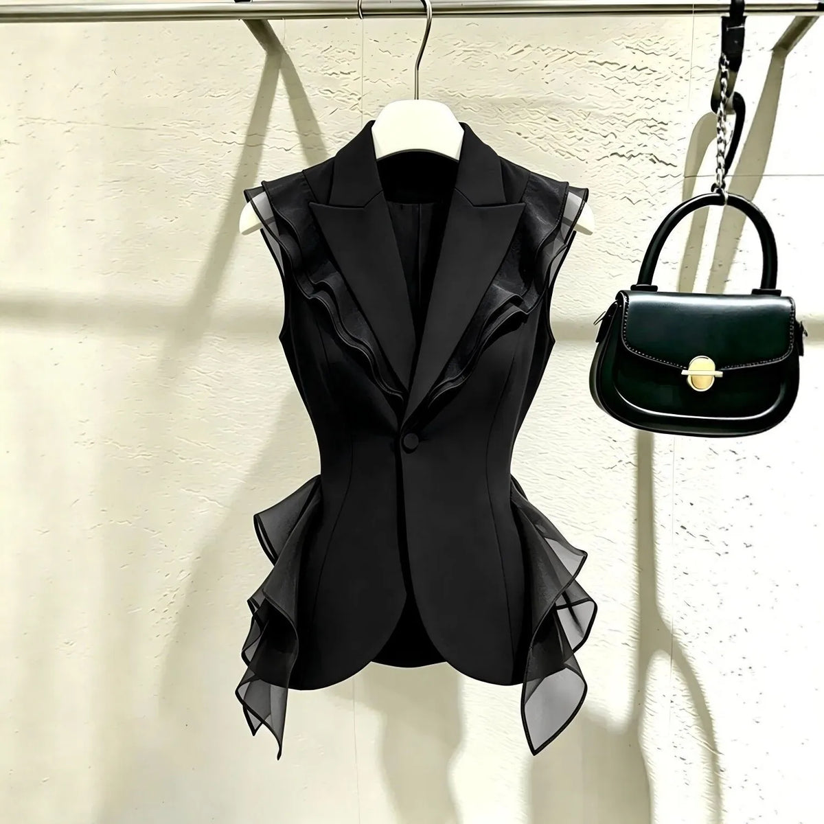 2026 New Black Suit Vest Female Summer Korean Fashion Spliced Flounces Sleeveless Blazers Jacket Waistcoat Women Outerwear Tops