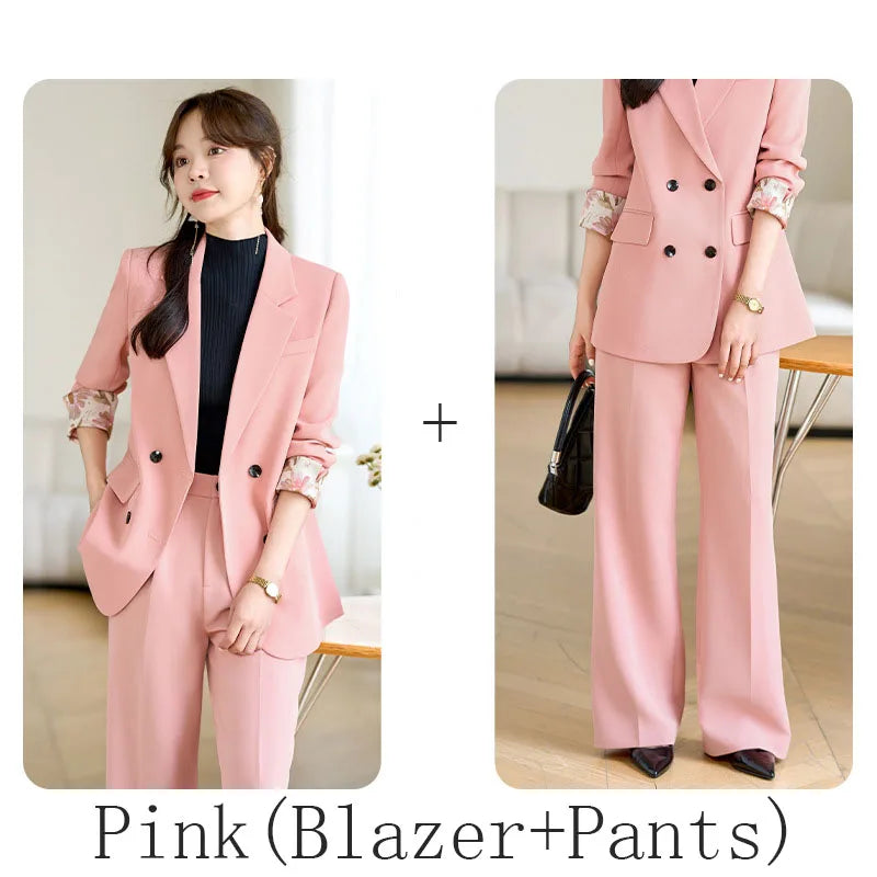 Fashion Elegant Solid Women Blazer Pantsuit Casual Vintage Chic Suit Jackets Wide Leg Pants 2 Pieces Set Female Outfits