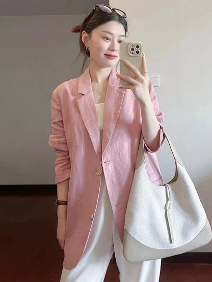 Cotton Linen Suit Jaet Women's Summer New Korean Design Casual Loose Long Sve Top Commute Sle Thin Single Button