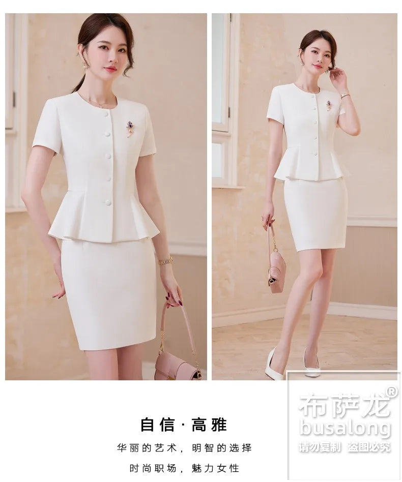 2025Summer Blue Short Sleeve Blazer Suit Professional Women's Skirt Set Short Skirt Elegant Fashion Formal Workwear