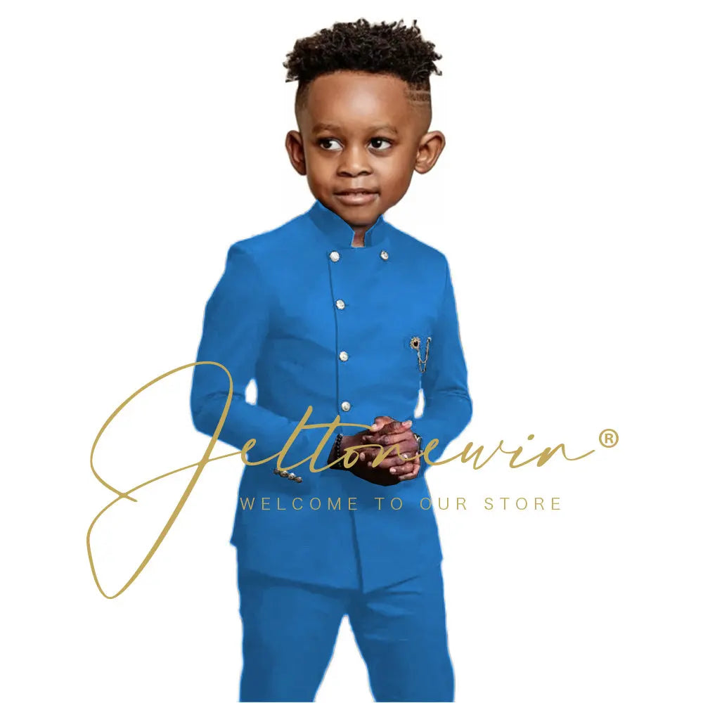 Royal Blue Boys Suit 2 Piece Wedding Tuxedos Double Breasted Jacket Pants Slim Fit Kids Formal Party Outfit Blazer Sets