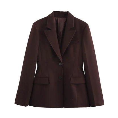 Women Fall Vintage Elegant Blazer Lapel Cinched-Waist Brown Blazer 2025 Autumn Fashion High Street Commute Lady Suit