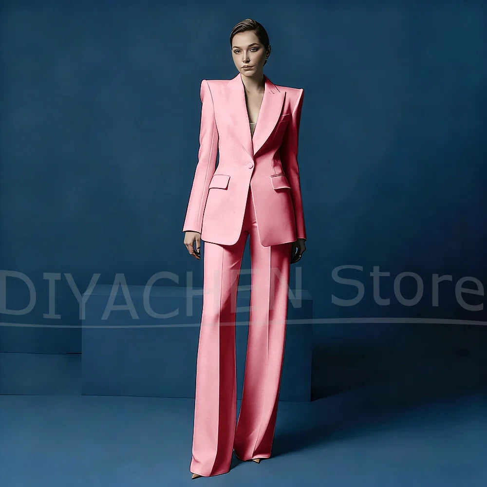 Women's Blazer and Wide-Leg Pants Suit Set Slim Fit One Button Jacket with Peak Lapel Elegant Formal Outfits for Office Party