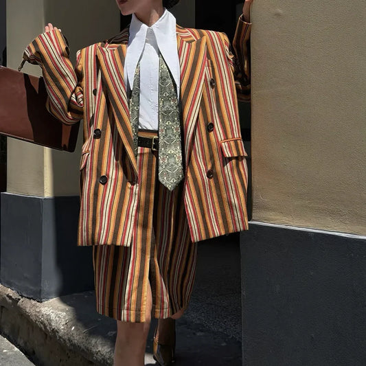 Women Retro Striped Double Breasted Suit Oversized Elegant Blazer Skirt 2 Piece Set Streetwear Fashion Formal Female Outerwears