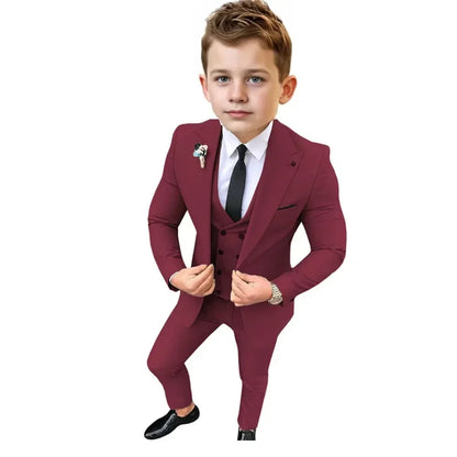 Boys Formal Slim Fit Suits 3 Pieces Holiday Celebration Outfit,Autumn Long Sleeve Kids Peak Lapel Suit Set Wedding Guest Wear