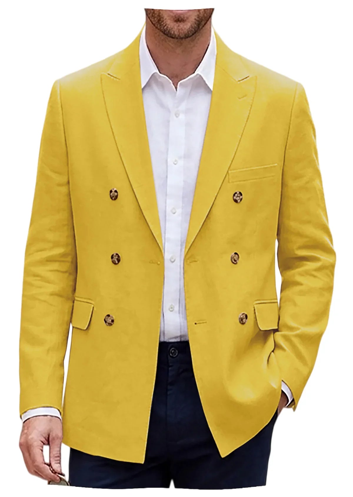 Men's Double Breasted Linen Blazer Slim Fit Suit Jacket Formal Business Casual Coat Wedding Party Spring Summer Streetwear