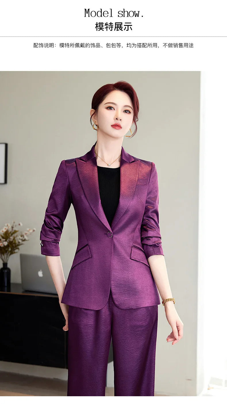 High Quality Women Purplish Red Pant Suit Female Solid Single Button Blazer and Trouser 2 Piece Set For Office Ladies Work Wear
