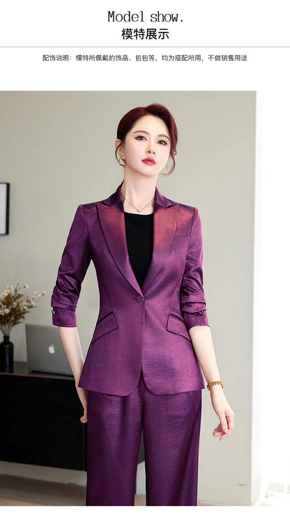High Quality Women Purplish Red Pant Suit Female Solid Single Button Blazer and Trouser 2 Piece Set For Office Ladies Work Wear