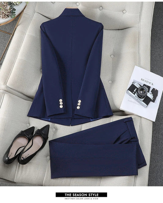 Business Chic Formal Blazer Suit Trousers Two Pieces Womens Outfit 2025 Autumn Elegant Double Breasted Jacket and Pant Sets