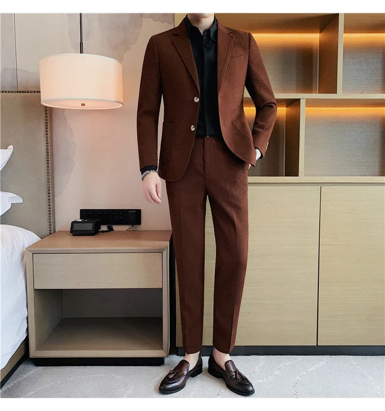 2025 New Waffle Blazers +Pant 2 Piece Set Men Fashion Business Slim Fit Solid Tuxedo Groom Wedding Prom Wear Casual Men's Sets