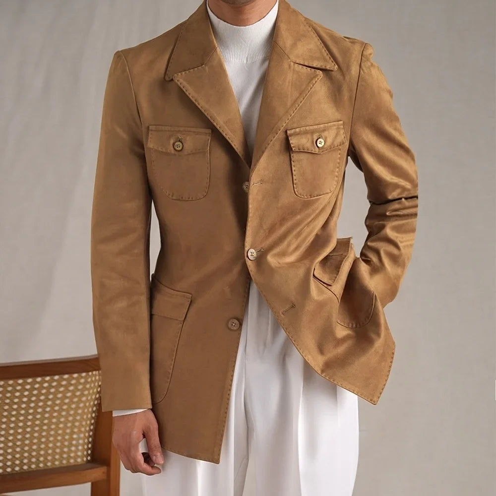 Hunting Jacket With Lapel Collar Men's Vintage-Style Faux Suede Blazer Fashionable Casual Italian Slim Fit Trendsetter Safari