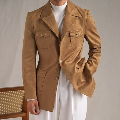 Hunting Jacket With Lapel Collar Men's Vintage-Style Faux Suede Blazer Fashionable Casual Italian Slim Fit Trendsetter Safari