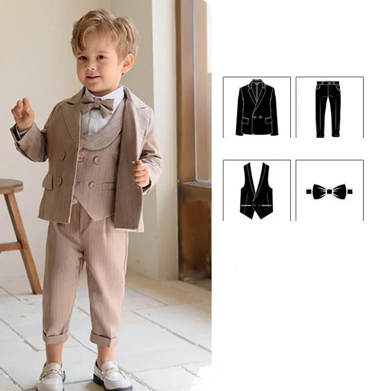 Boys Formal Khaki Tuxedo Dress School Performance Clothing Set Kids Wedding Photography Suit Children Birthday Gift Set Costume