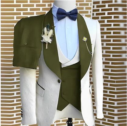 White Jacquard Elegant suits Men For Wedding Formal Jacket Vest Pants 3 Pieces Groomsman Tuxedos Tailored Male Fashion Clothing