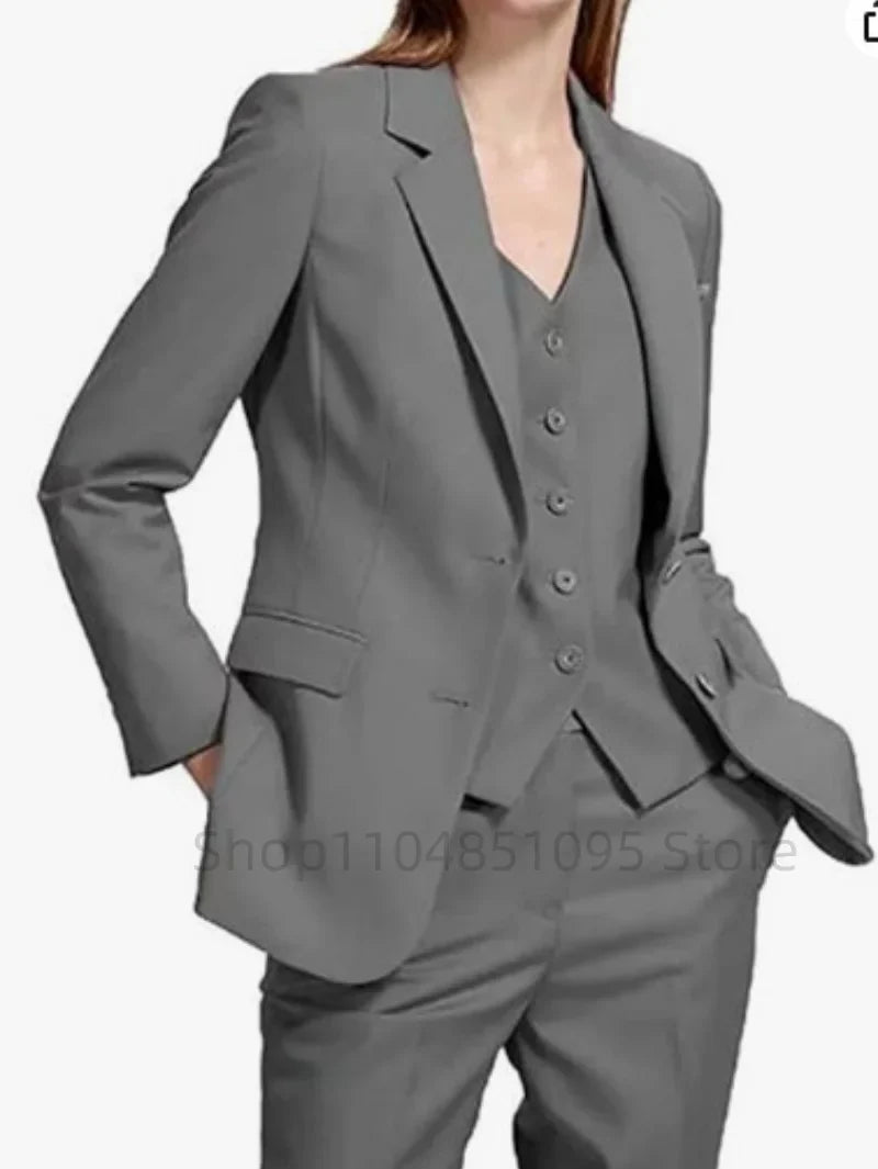 Office Ladies Pantsuits Solid Women Business Classic Single Breasted Flared Pants Blazer Vest Pants Three Piece Set Formal Suit