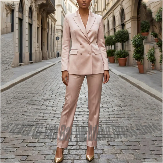 Pink Satin Women 2 Piece Suit Shiny Peak Lapel Slim Jacket Pants Set Solid Color High Quality Commute Formal Matching Outfit