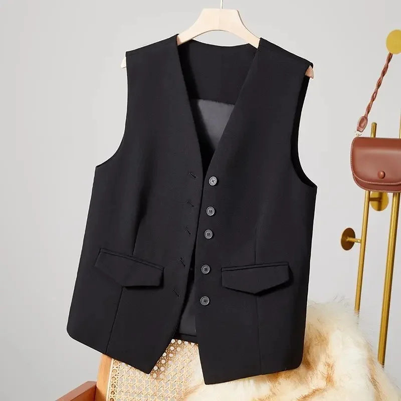 2025 New Women's Blazer High End Casual Vest Waistcoat Female Commuting Slimming Collar Less Sleeveless Short Suit Jacket Lined