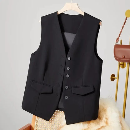 2025 New Women's Blazer High End Casual Vest Waistcoat Female Commuting Slimming Collar Less Sleeveless Short Suit Jacket Lined
