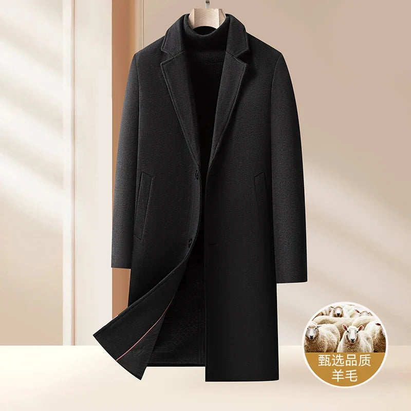 High-quality men's fashionable British style, stylish and versatile solid color casual new thickened long woolen coat