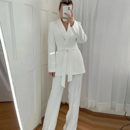 Elegant Shawl Lapel Women Suits Two Piece Summer Long Sleeves No Buttons Tuxedo Slim Casual Daily Pants Sets (Blazer+Pants)
