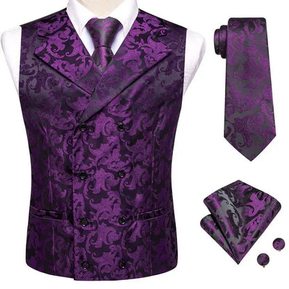Men's Double Breasted Vest Set – Floral Jacquard Waistcoat with Tie, Pocket Square & Cufflinks for Weddings & Formal Events