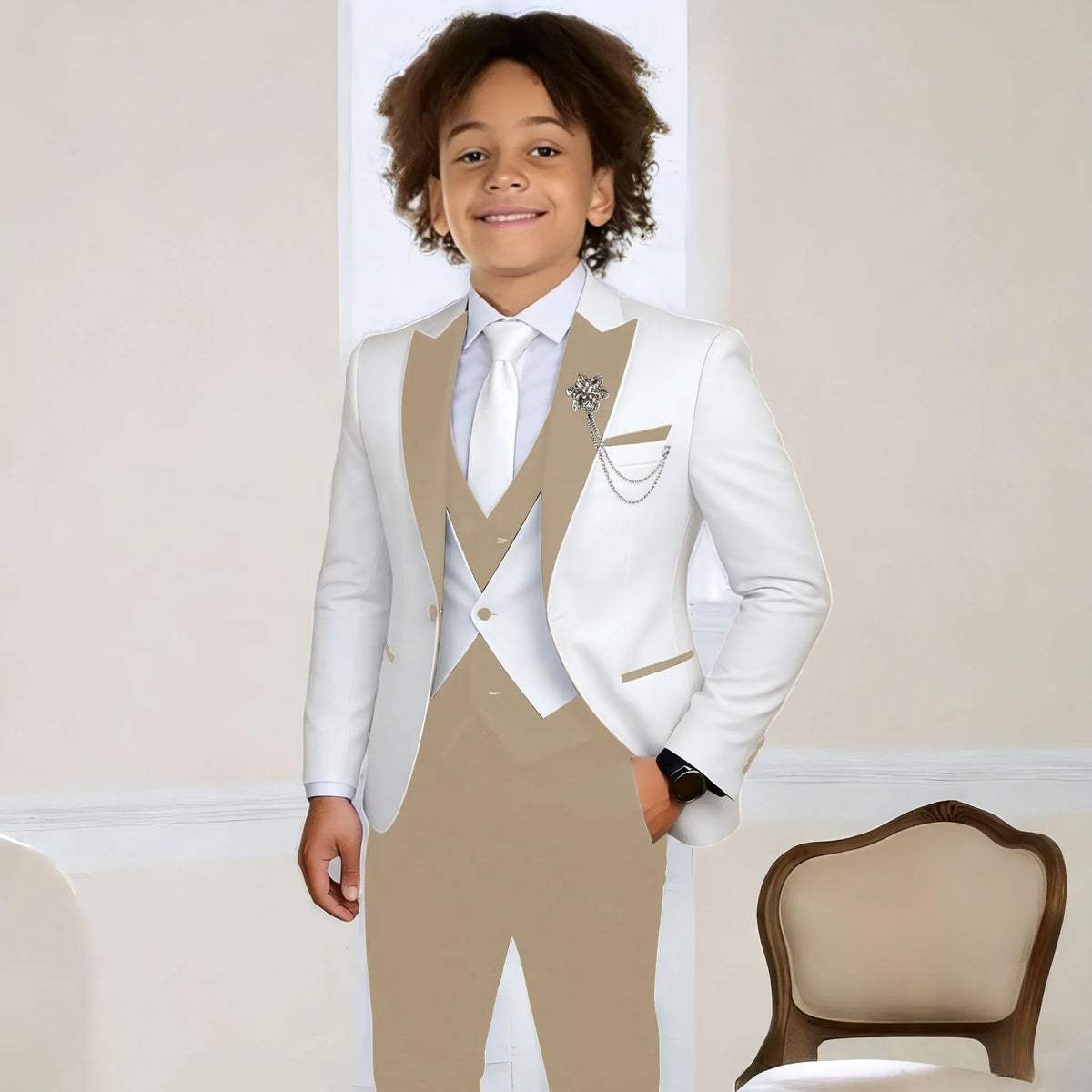 White Suit for Boys Fashion Formal Flower Boys Wedding Tuxedos 3-Piece Set (Jacket Pants Vest) Party Slim Fit Suit Kids Clothes