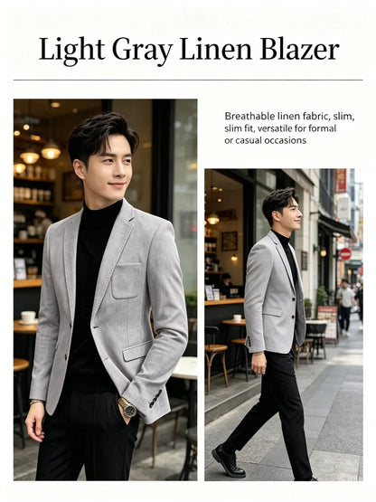 Mens Blazer Linen Blend Notched Lapel 1 Button Slim Fit Stitched Edge Patch Pockets Business Casual Daily Soft Breathable Jacket