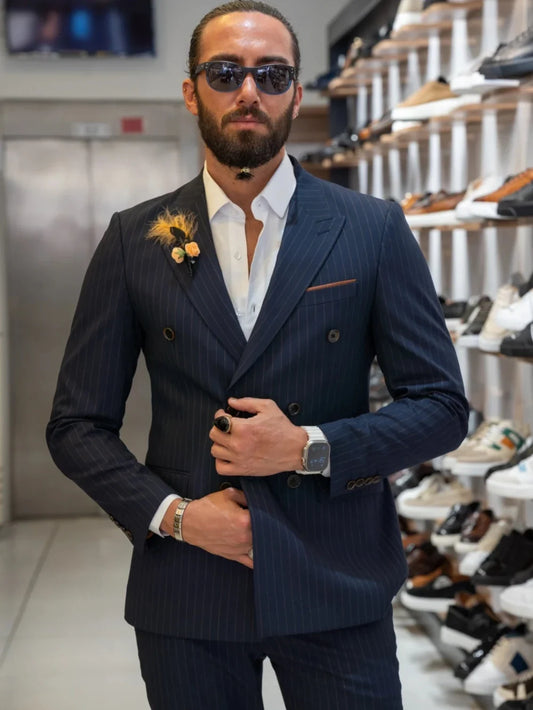 Navy Blue Stripped Suit Set 2 pieces Jacket Pants For Men Business office Outfit Double Breasted Men's Tuxedo Dancing Wear