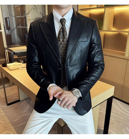 Korean Waffle Leather Suit Jacket Men's Business Casual PU Leather Blazer Slim Fit Wedding Groom Office Social Formal Coats 2026