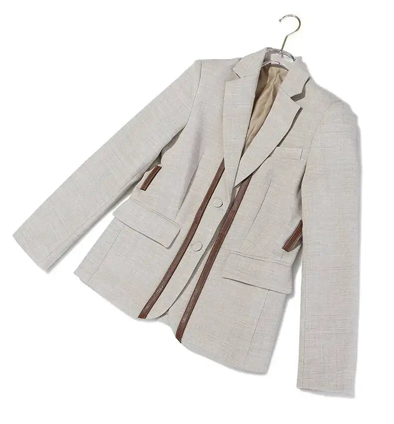Women Blazer Contrast Color Spliced PU Leather Belted Slim Fit Single Breasted Elegant Urban High-end Jacket Spring HK10667