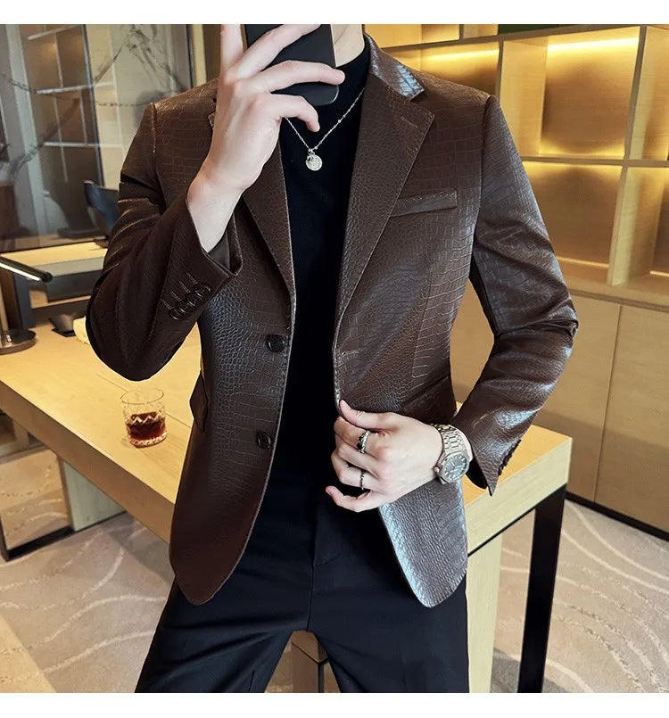 2026 Crocodile Patterned Leather Suit Jacket Men Slim Fit Business Casual Leather Jacket Wedding Groom Party Work Men Blazers