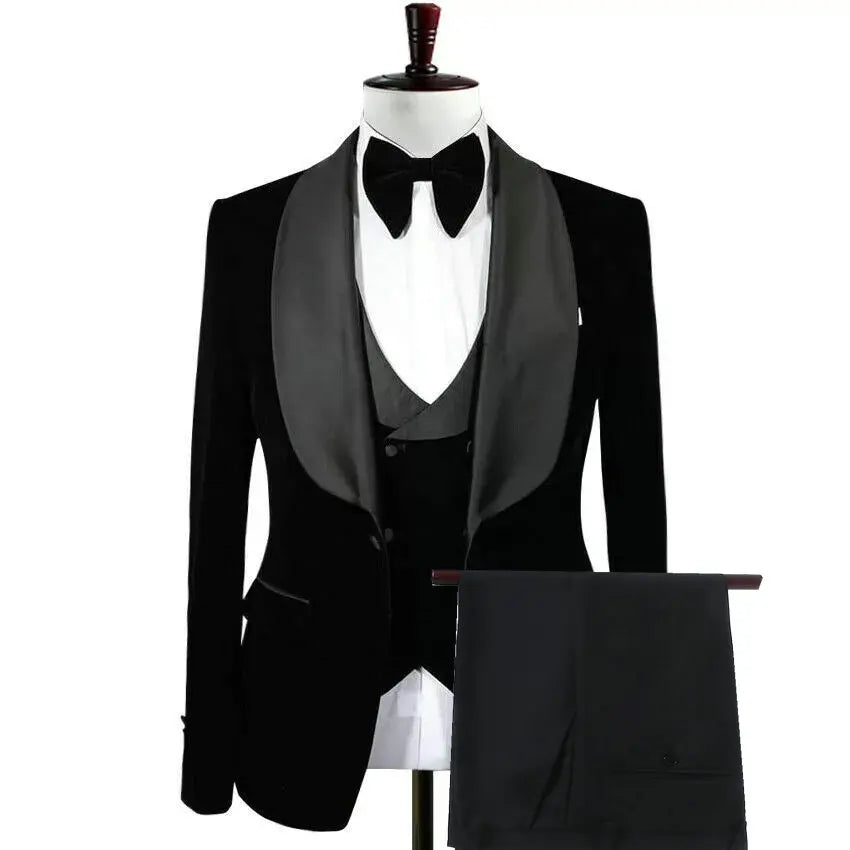 Black Velvet Men's 3 Pieces Suit Prom Costume Groom Tuxedos Formal Wedding Best Man Blazer Party Suits (Jacket+Vest+Pants)