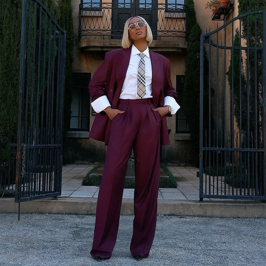 Women Burgundy 2 Piece Blazer Pants Set Elegant Oversized Peak Lapel Straight Fit Female Clothing Formal Business Office Wear