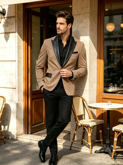 Men's Suede Slim Fit Blazer Jacket Crocodile Pattern Lapel Design Suit Coat Formal Business Prom Wedding Party Tuxedo Outerwear