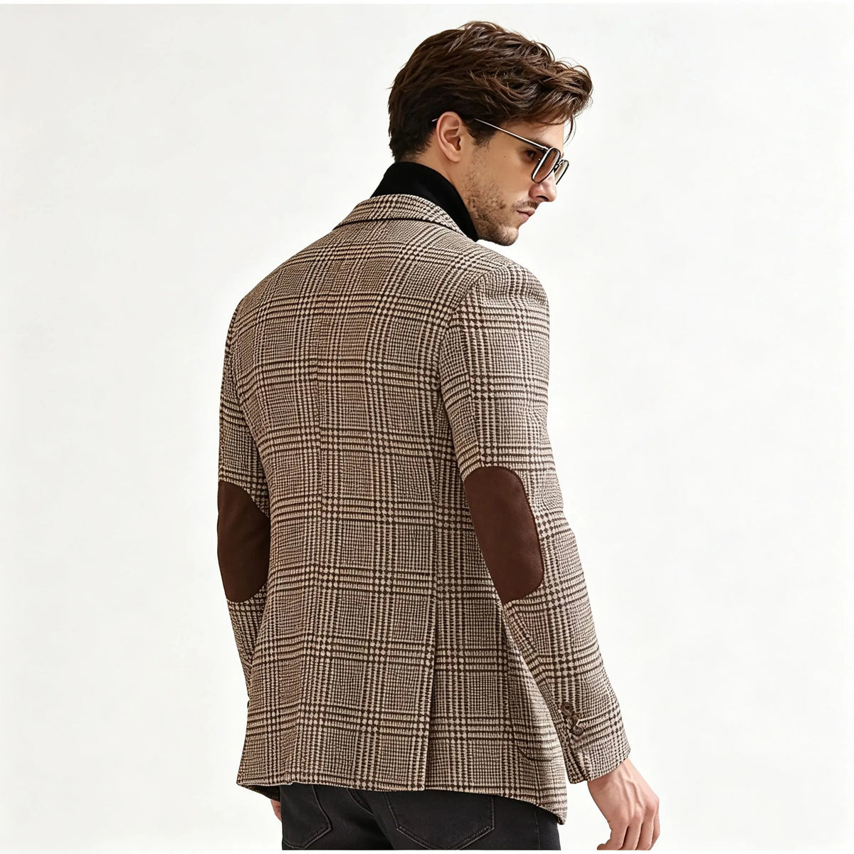 Vintage Wool Blend Plaid Men's Jackets Notched Collar Slim Fit Single Breasted Blazers With Suede Elbow Patches Business Casual