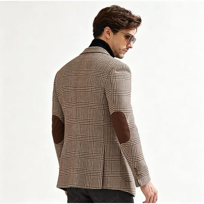 Vintage Wool Blend Plaid Men's Jackets Notched Collar Slim Fit Single Breasted Blazers With Suede Elbow Patches Business Casual