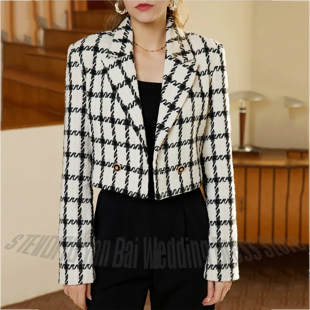 Black White Plaid Women's Suit Tweed Cropped Blazer Notched Lapel Double Breasted Short Jacket Pants Elegant Luxury Outfit