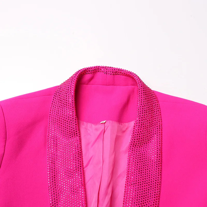 Spring Autumn New Women Blazer Turn-down Collar Studded Diamonds Single Button Cuff Spliced Feather Luxury Ins Coat HK16316