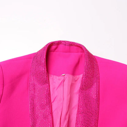Spring Autumn New Women Blazer Turn-down Collar Studded Diamonds Single Button Cuff Spliced Feather Luxury Ins Coat HK16316