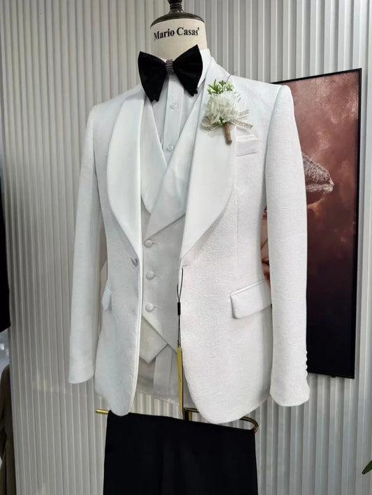 Jacquard High Quality Men's Slim Fit Suits 3 Pieces Host Costumes Classic White Man Suit Set Dancing Wear Plus Size Tuxedo