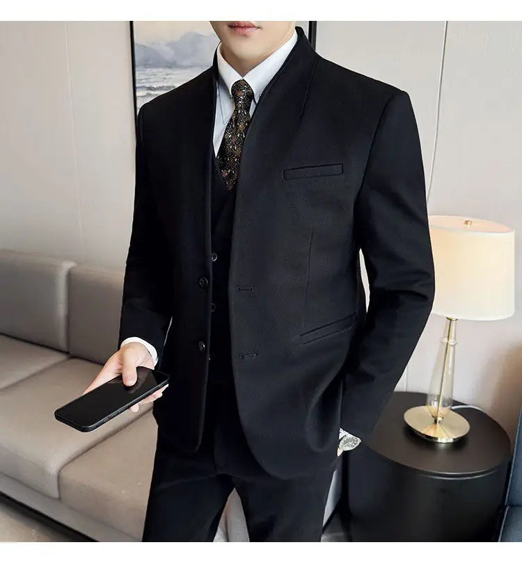 Men's 3-Piece Slim Fit Stand Collar Suit – Wedding, Prom & Office Formal Set