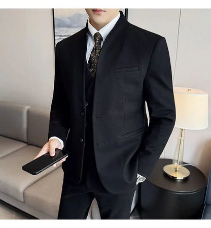 Men's 3-Piece Slim Fit Stand Collar Suit – Wedding, Prom & Office Formal Set