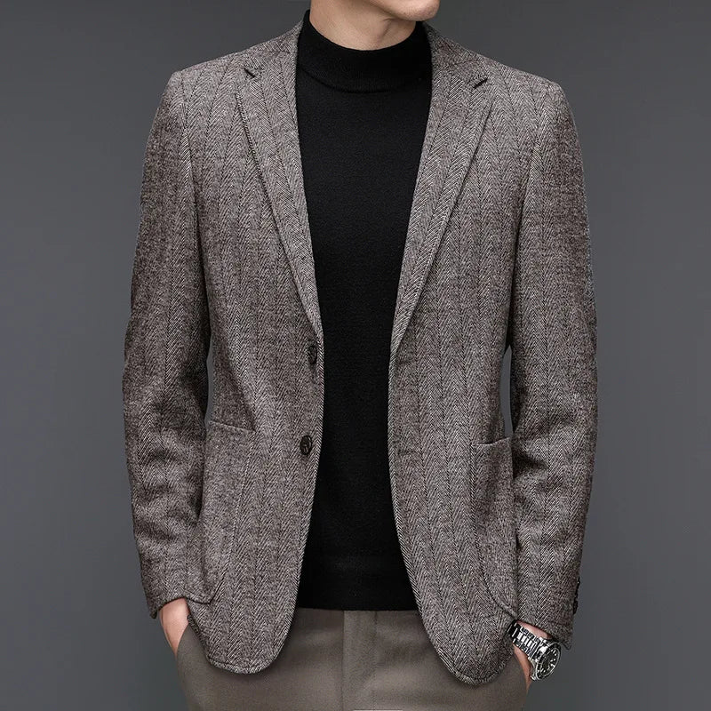 KIDWHXR Man Suit Coat Non-ironing Striped Turn Down Collar Male Outerwear Slim Long Sleeve Pocket Business Casual Men Blazer