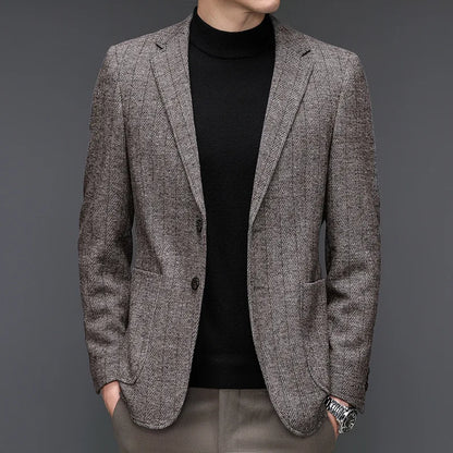KIDWHXR Man Suit Coat Non-ironing Striped Turn Down Collar Male Outerwear Slim Long Sleeve Pocket Business Casual Men Blazer