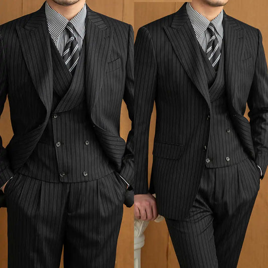 Commercial Men's Suits 3 Pieces Blazer Vest Pants Bow Collar Single Breasted Buckle Work Wear Bussiness Wedding Costume